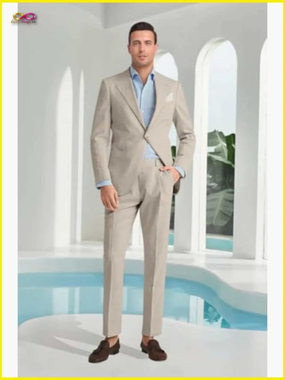 Slim Fit Linen Suit Set Peak Lapel Blazer Pants Formal Casual Wedding Prom